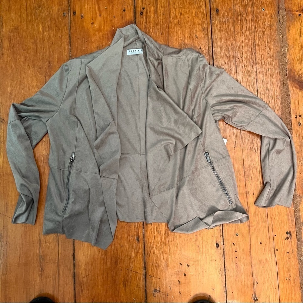 Bagatelle jacket faux-suede drape-front jacket NWT tan zipper pockets size XL